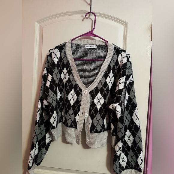 Plaid Long Sleeve Cropped Cardigan V-Neck Button Down Open Front Ribbed Knit - Picture 1 of 6